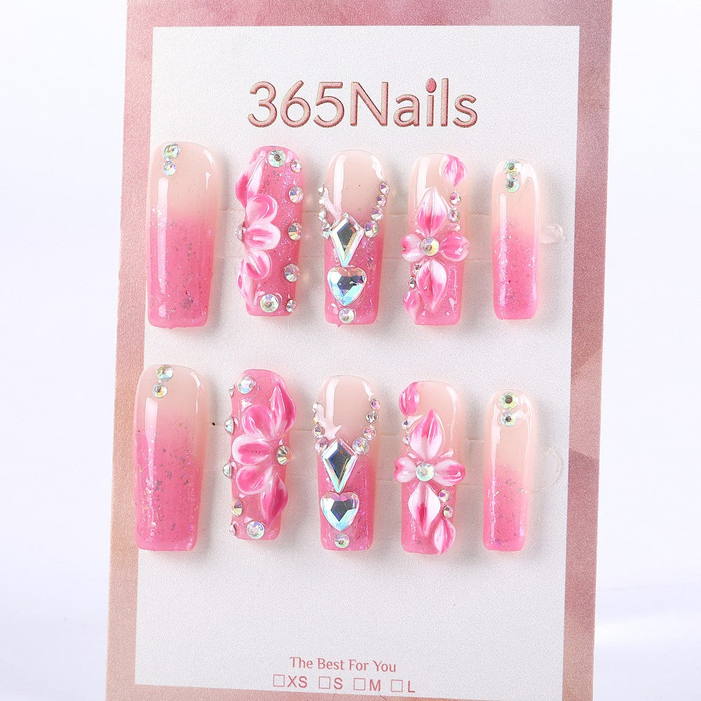 Pink Gradient 3D Flower Press-On Nails with Crystal Rhinestones