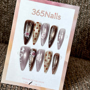 Cocoa Blossom - Brown Pink Floral Pointed Press-On Nails