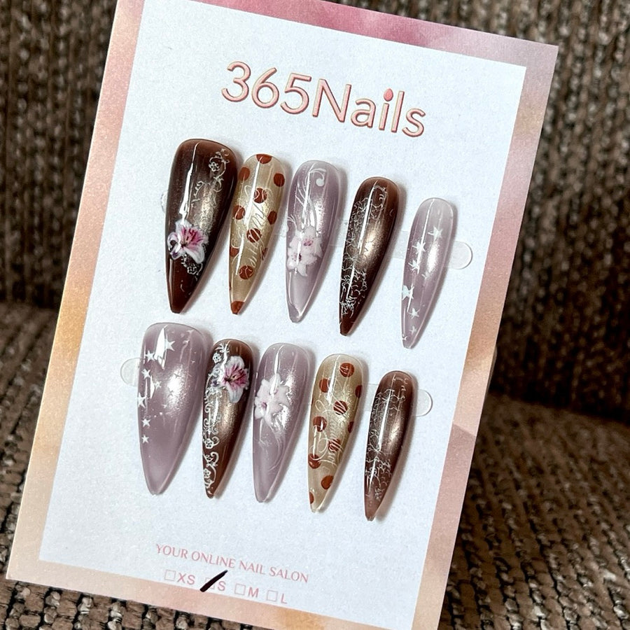 Cocoa Blossom - Brown Pink Floral Pointed Press-On Nails