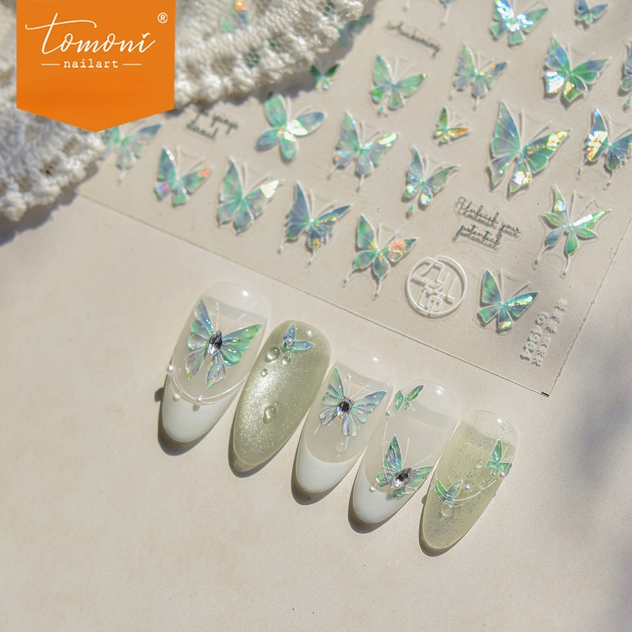 Holographic Aurora Butterfly Nail Stickers – 5D Embossed Iridescent Flutter Set