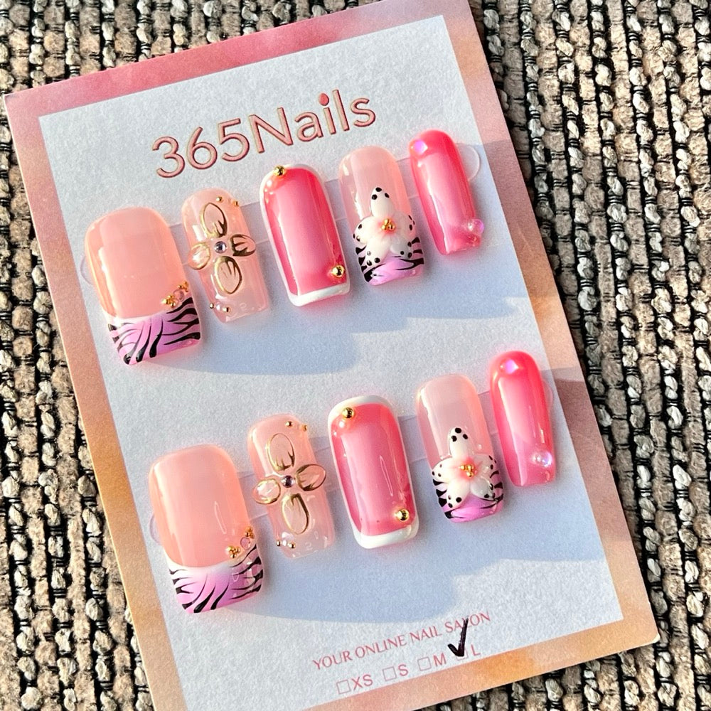 365nails: "Pink Zebra Flower Mix 3D" – Unhas Postiças Quadradas Médias Feitas à Mão