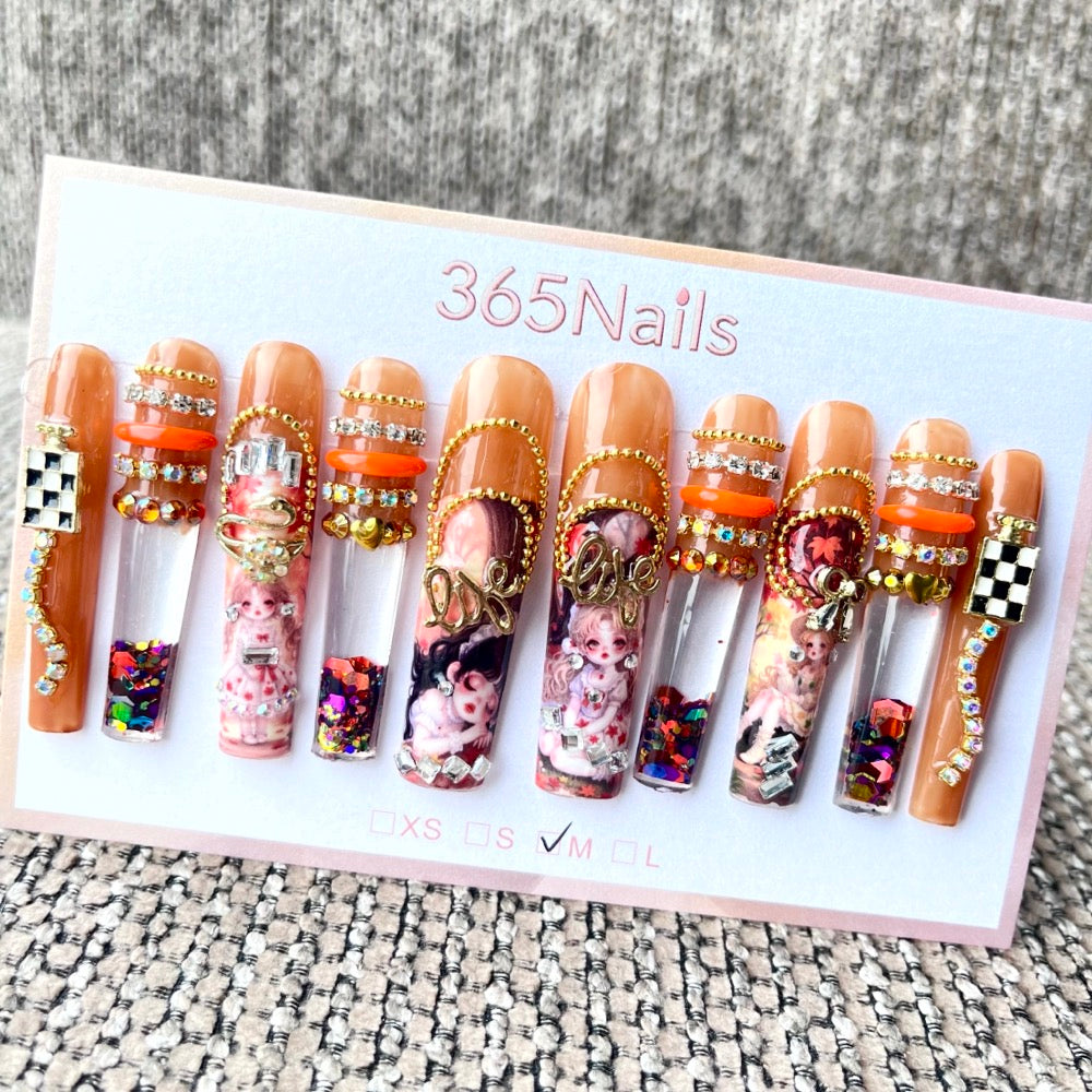 365nails: "Retro Rose" – 3D Character Art Handmade Coffin Nails-5.5cm