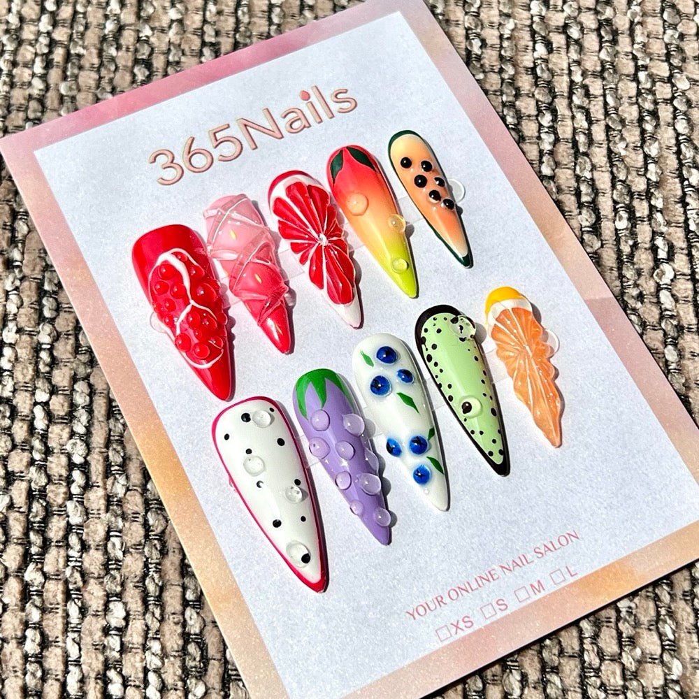 365nails: "Tropical Fruit Fiesta" – 3D Sculpted Handmade Long Stiletto Press On Nails