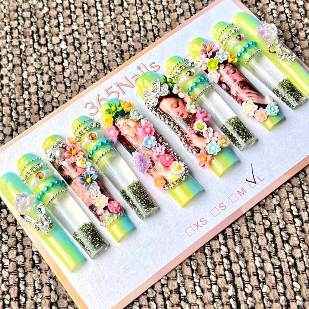 365nails: "Tropical Floral Maiden" – Handmade Liquid Motion Press-On Long Pipe Nails-5.5cm