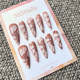 Femme Fatale: "Rust Fishnet Illusion" – Terracotta Brown Lace & Torn Mesh Pattern, Milky White Base Long Stiletto Nails