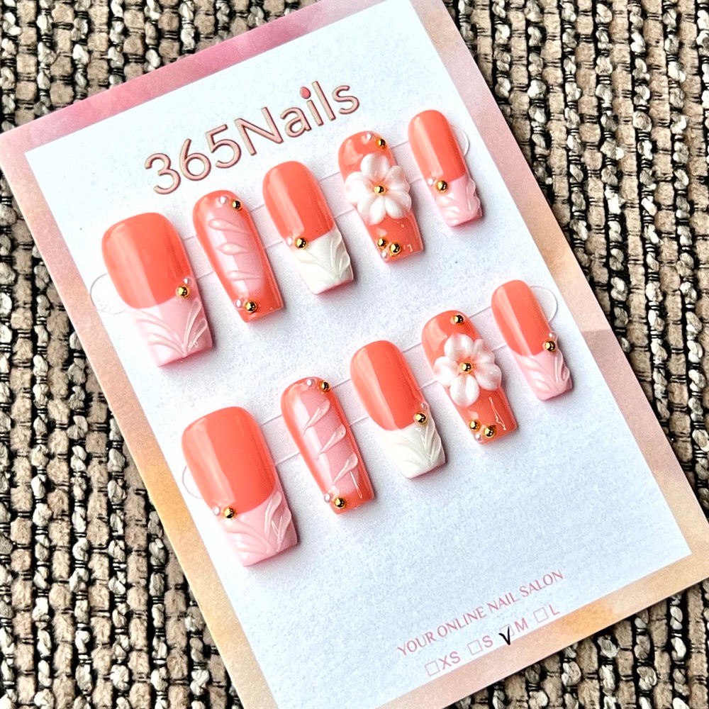 "Peach French Flower" - Wholesale Ultra-Soft Flexible Fit Handmade Nails (MOQ=100)