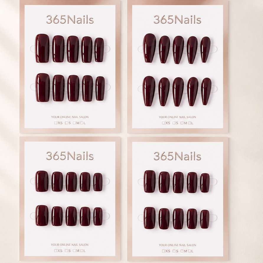 "Burgundy Wine" - Solid Color Handmade Nails (8 Shapes Available)