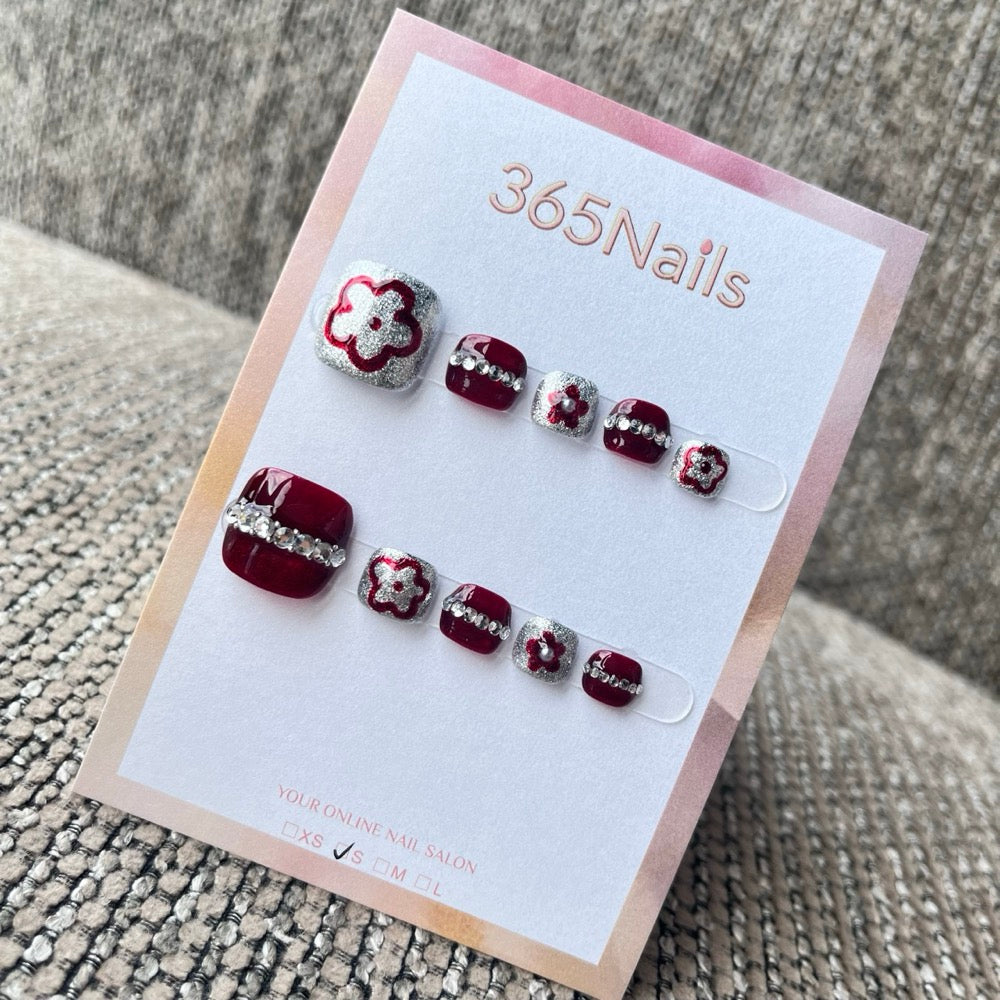 Burgundy & Silver Floral Glitter Toe Press-On Nails