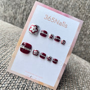 Burgundy & Silver Floral Glitter Toe Press-On Nails