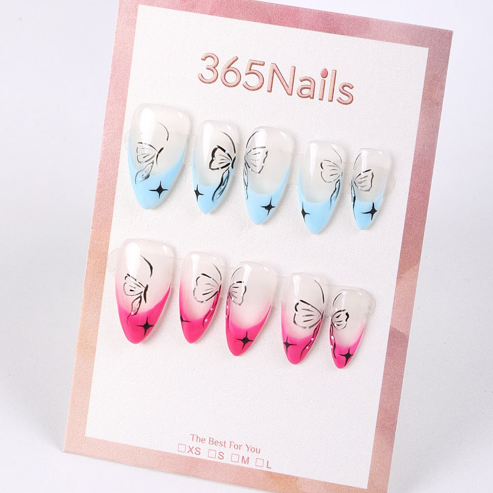 365Nails Misty Gradient Press-On Nails with Butterfly Line Art and Sparkles (Blue & Pink Set)