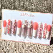 365nails: "Rose Garden" – 3D Floral & French Tip Handmade Coffin Nails
