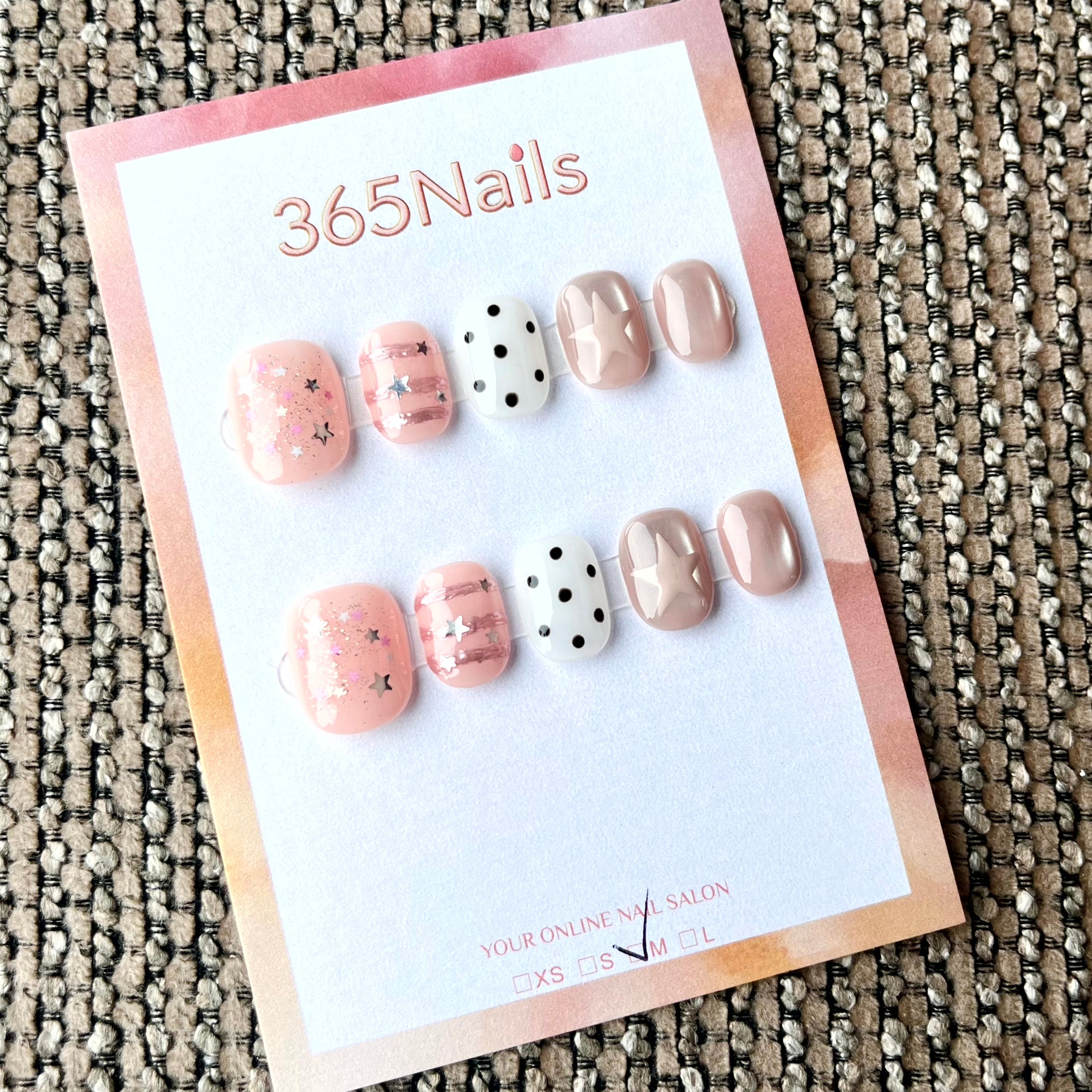 365nails: "은하수의 꿈" – 손그림 별 & 줄무늬 수제 숏 스퀘어형 네일
