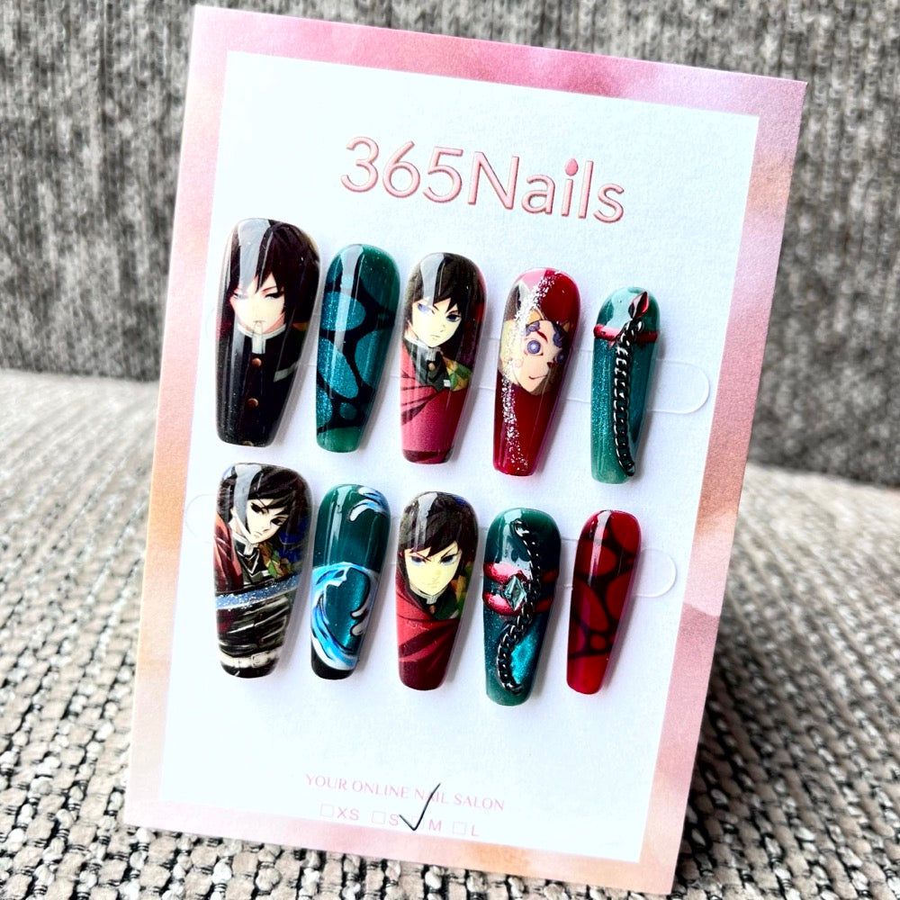 365nails: "Demon Slayer Giyu Tomioka" – Handmade Medium Trapezoid Press-On Nails