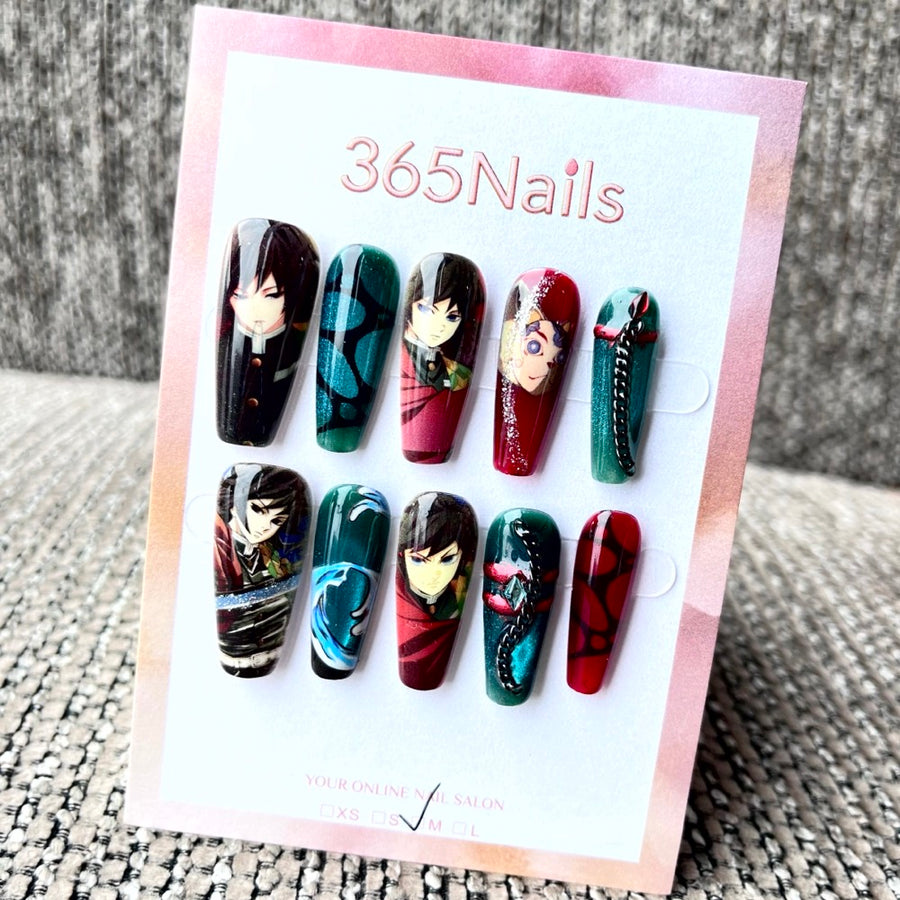 365nails: "Demon Slayer Giyu Tomioka" – Handmade Medium Trapezoid Press-On Nails