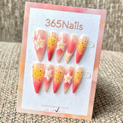 365nails: "Dégradé Lys du Coucher de Soleil" – fleurs 3D et gouttes, ongles forme stiletto faits main