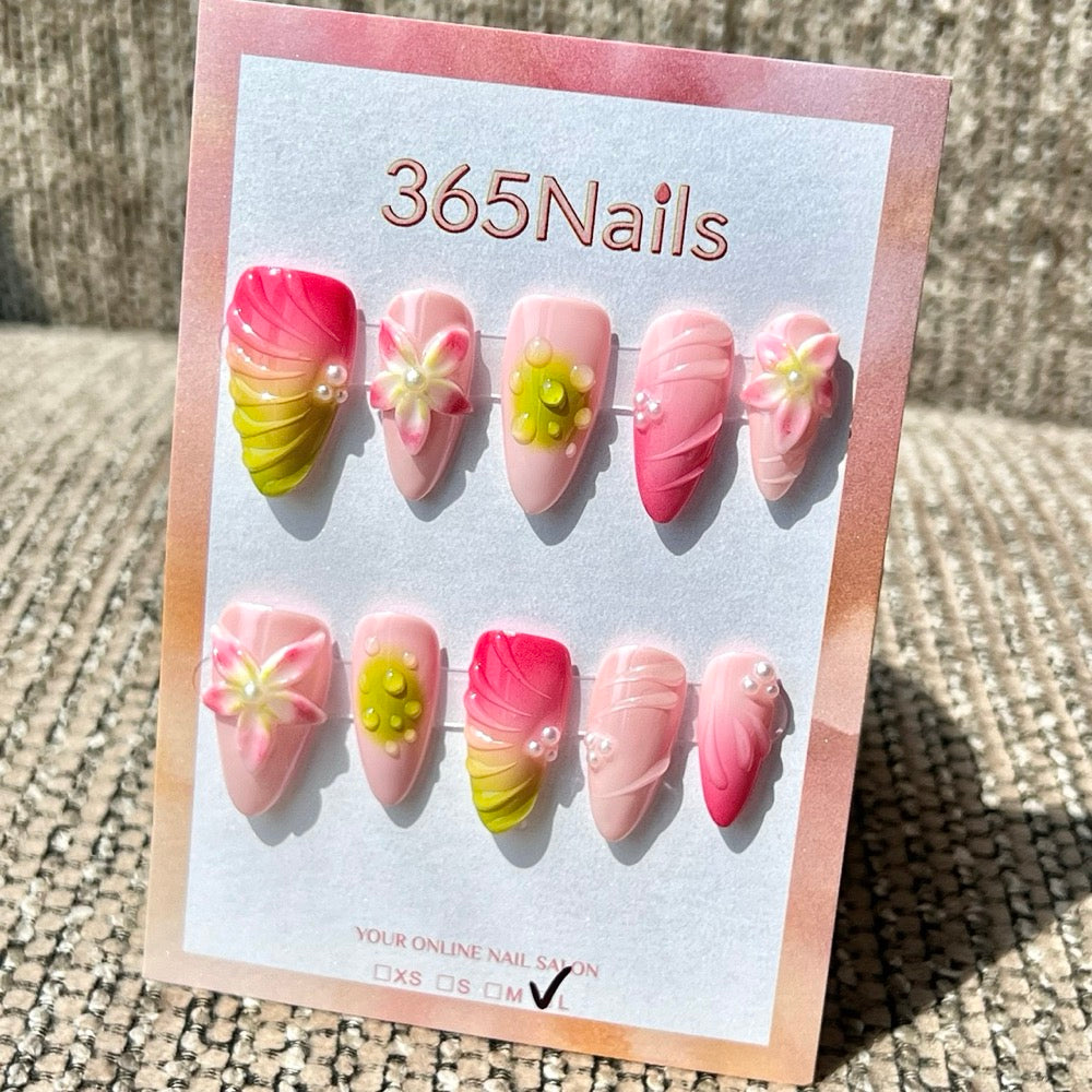 365nails: "Pink Green Flower Wave 3D" – Handmade Medium Stiletto Press-On Nails