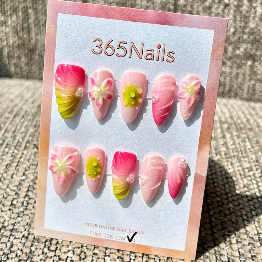 365nails 핑크·그린 플라워 웨이브 3D 수제 미디엄 스틸레토형 프레스온 네일