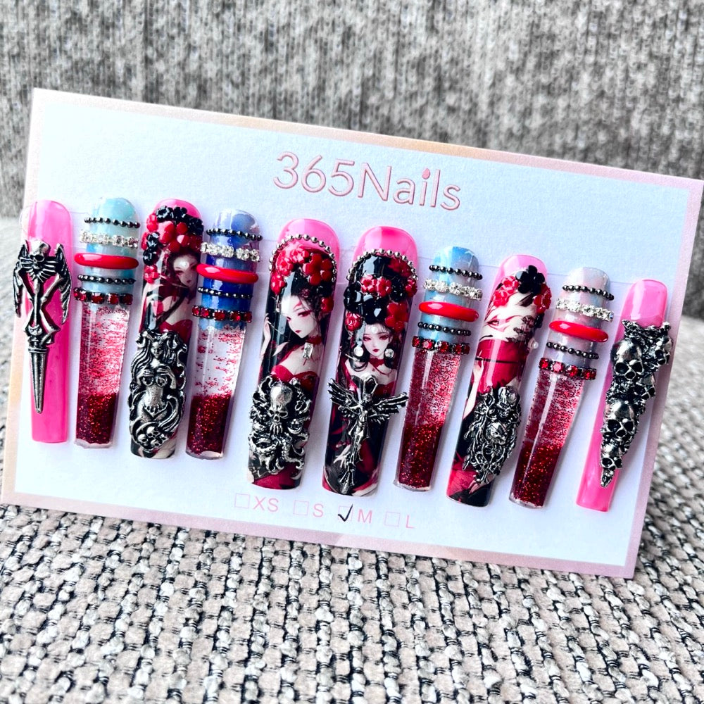365nails: "Crimson Masquerade" – 3D Figure Art Handmade Coffin Nails-5.5cm