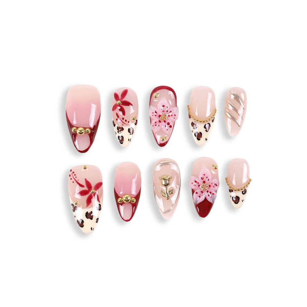 365Nails Nude Almond Mix with Leopard, 3D Floral & Gold Chain French Tips