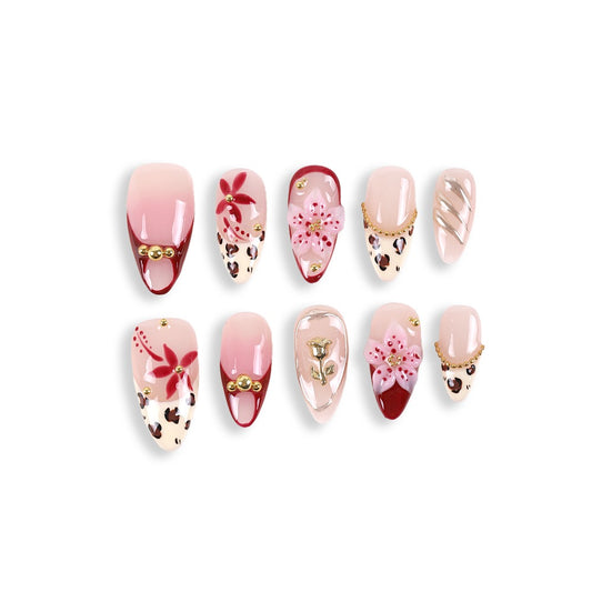 365Nails Nude Almond Mix with Leopard, 3D Floral & Gold Chain French Tips