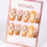 365Nails Caramel Blossom Press-On Nails with Nude-Orange Ombre, 3D Florals & Tiger Lines