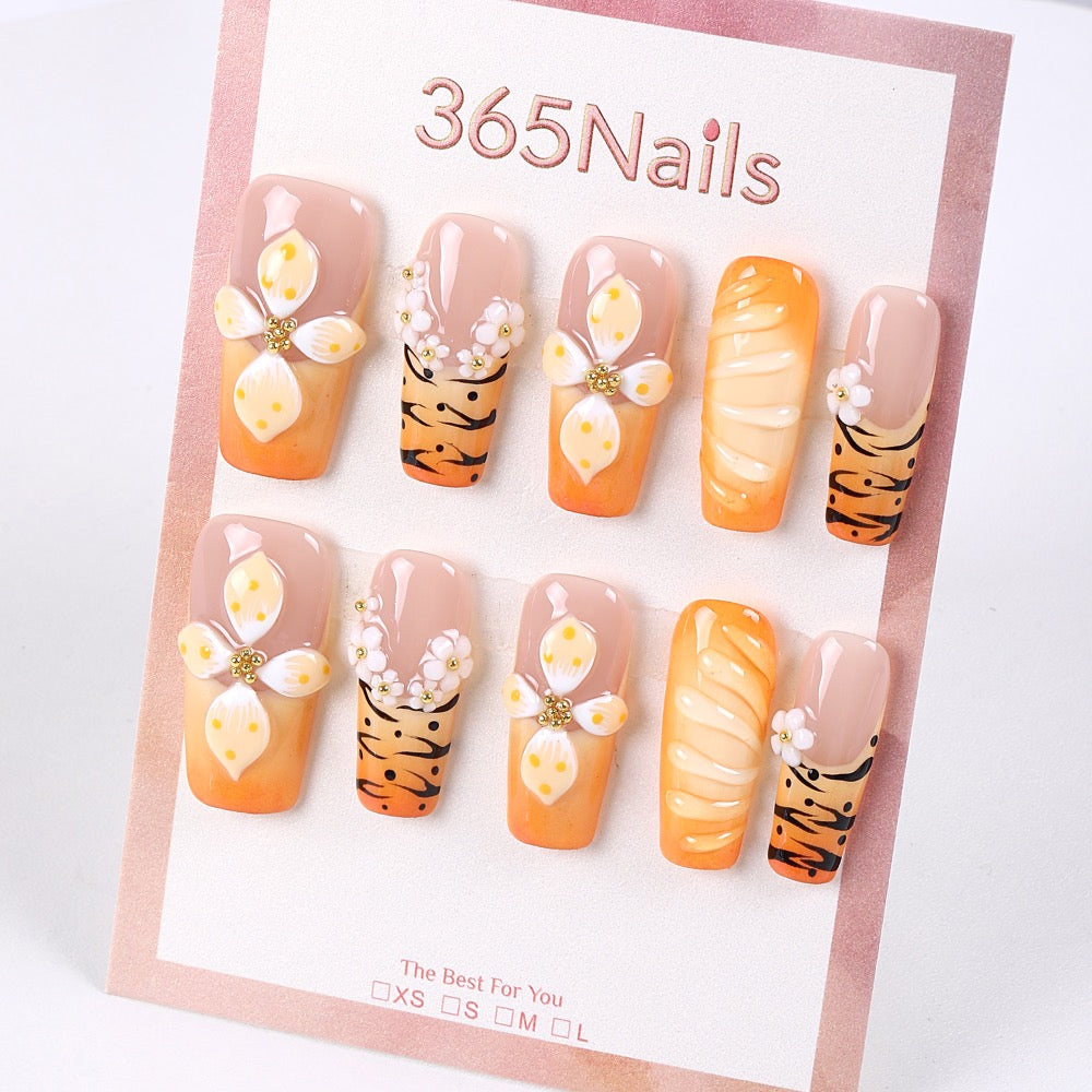 365Nails Caramel Blossom Press-On Nails with Nude-Orange Ombre, 3D Florals & Tiger Lines