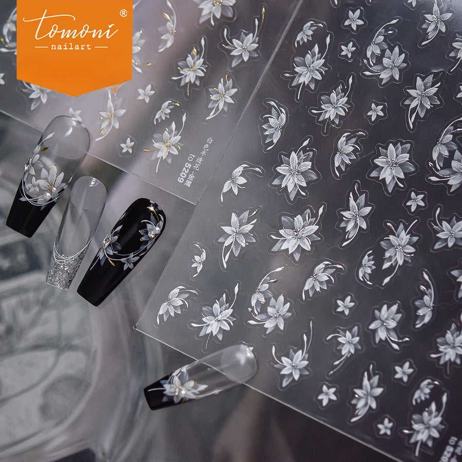 Silver Floral Collection: "Elegant Silver Orchid" – 3D Embossed Nail Sticker