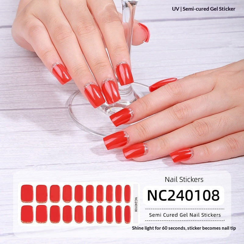 Semi-Cured Gel Nail Strips French Glitter Pink Sparkle Glossy Set (MOQ=3)