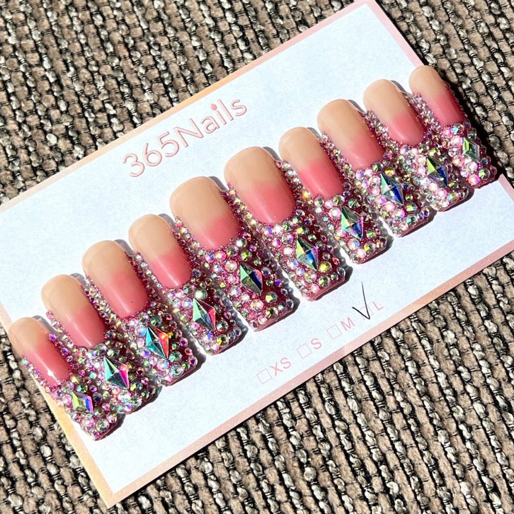 365nails: "Crystal Cascade" – 3D Rhinestone Handmade Long Coffin Nails