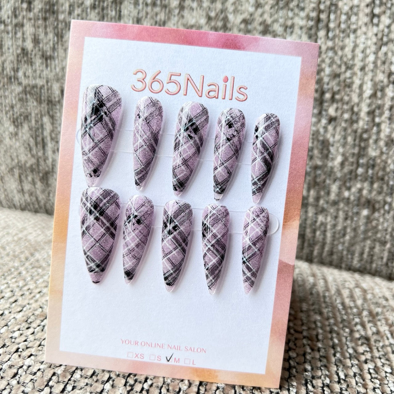 365Nails: "Lavender Plaid Velvet" – handmade press-on nails (Sweet Cool Plaid/Retro Gentle Style)