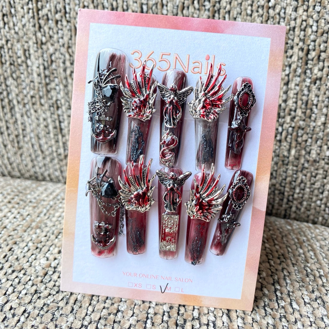 365nails: "Gothic Burgundy Wing Skull Anchor" – handmade press-on pedicure