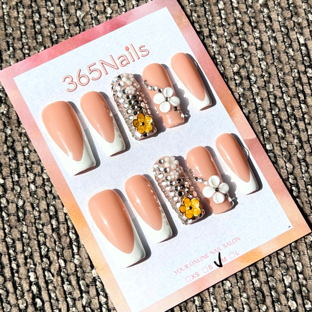 365nails: "Nude Opulence" – 3D Floral & Crystal Handmade Almond Nails