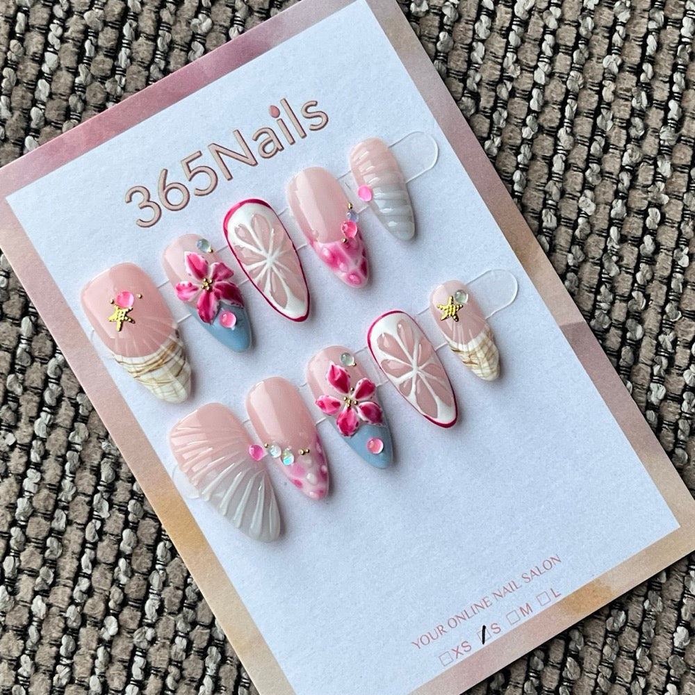 Handmade Almond Pink White Floral 3D Charm Press-On Nails