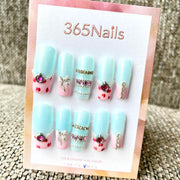 Elegant Mint: "Mint Pink Bow Rhinestone" – 長款棺材形薄荷粉蝴蝶結水鑽穿戴甲