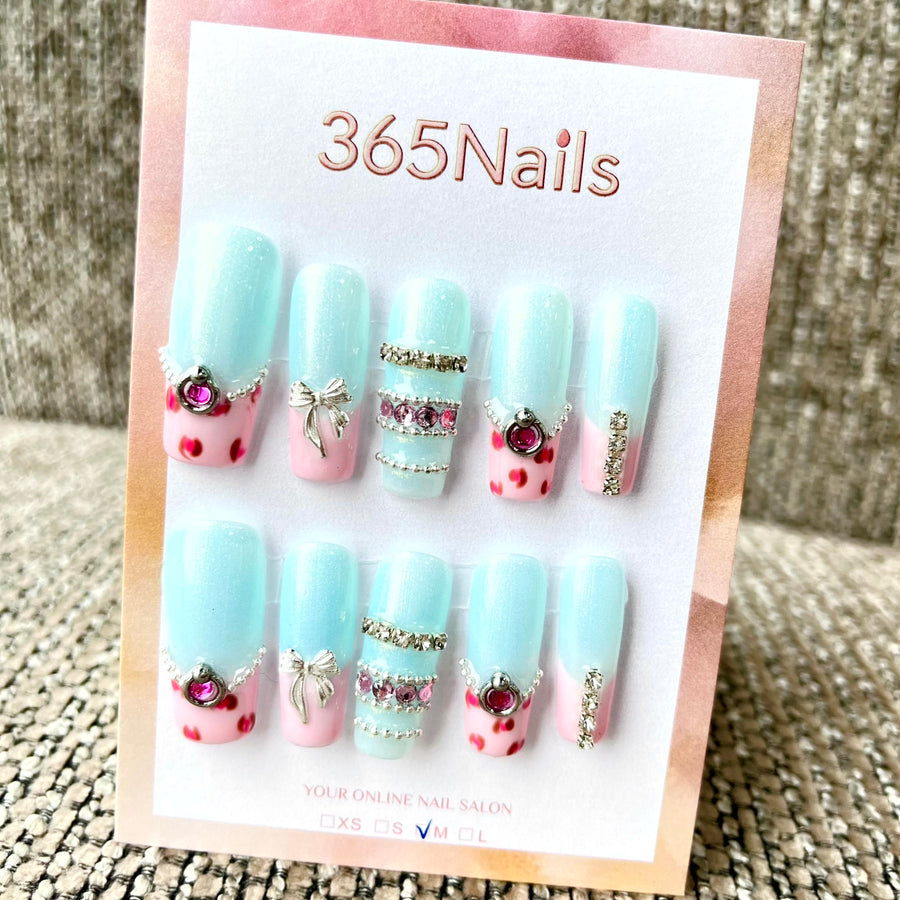 Elegant Mint: "Mint Pink Bow Rhinestone" – Long Coffin Press-on Nails