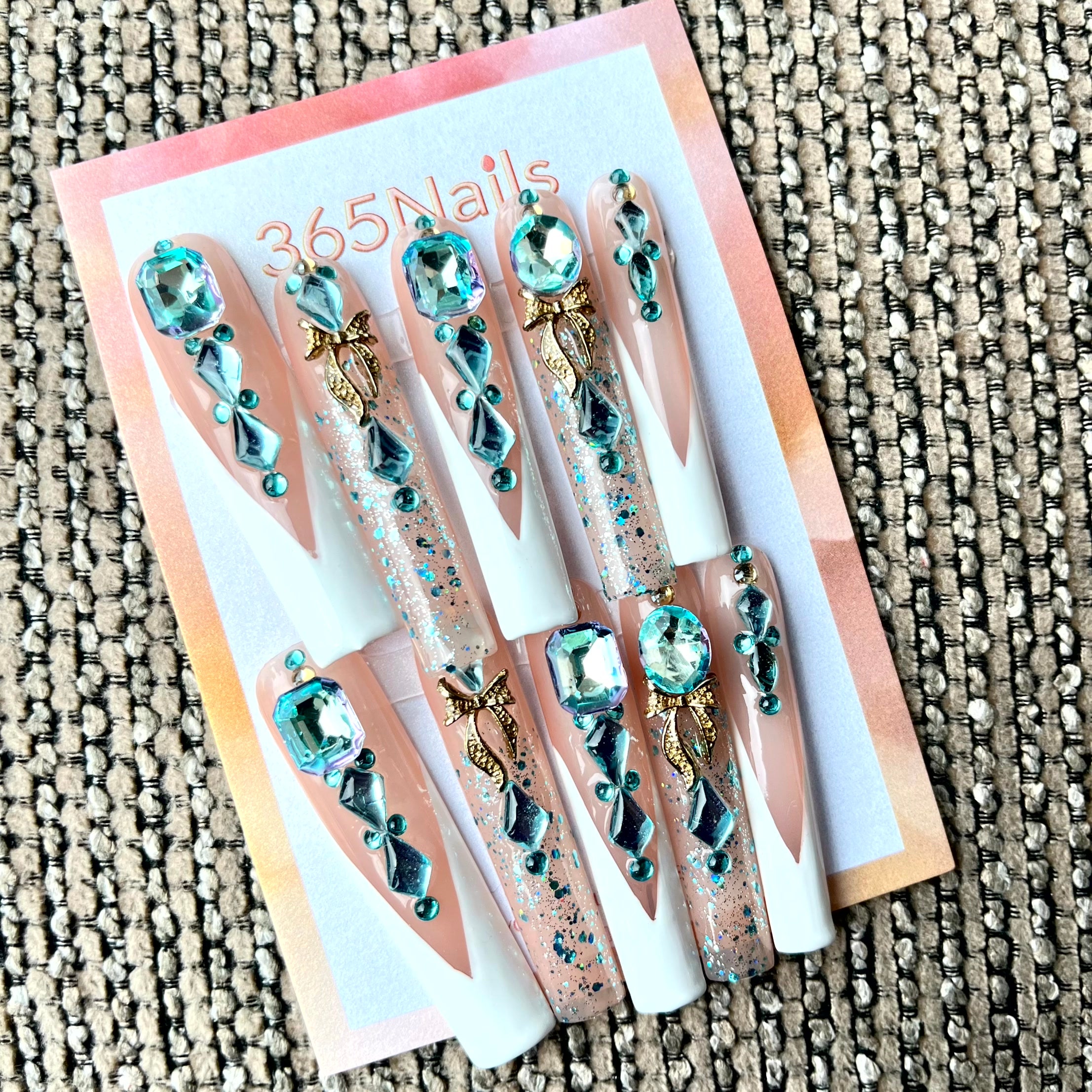 365nails: "Royal Teal" – 3D Gem & Glitter Handmade Stiletto Nails