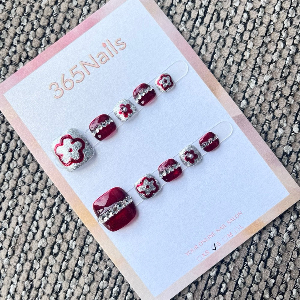 Burgundy & Silver Floral Glitter Toe Press-On Nails