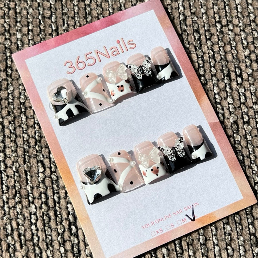 365nails: "Black Tie Affair" – 3D Bows & Jewels Handmade Press on Nails Short Square Nails