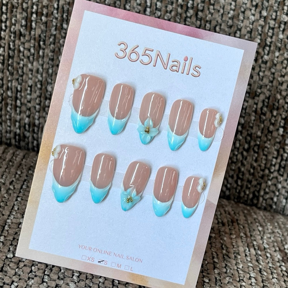 Aqua Blossom French - Blue 3D Press-On Nails