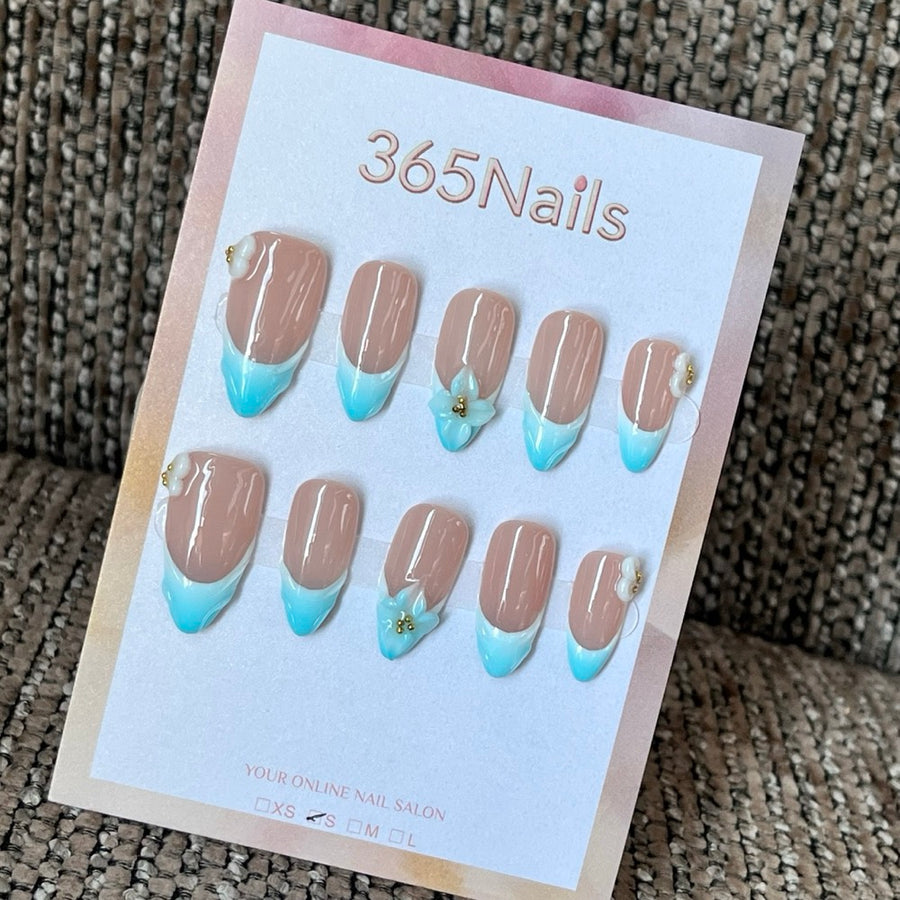 Aqua Blossom French - Blue 3D Press-On Nails