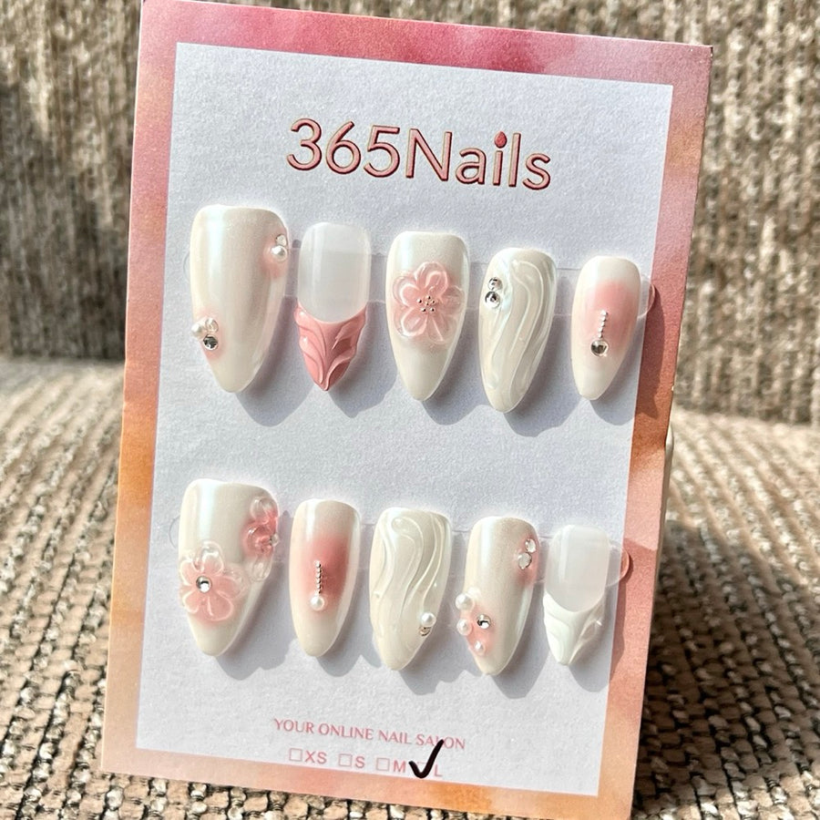 365nails 연핑크 벚꽃 웨이브 3D 꽃·웨이브 장식 수제 미디엄 스틸레토형 프레스온 네일