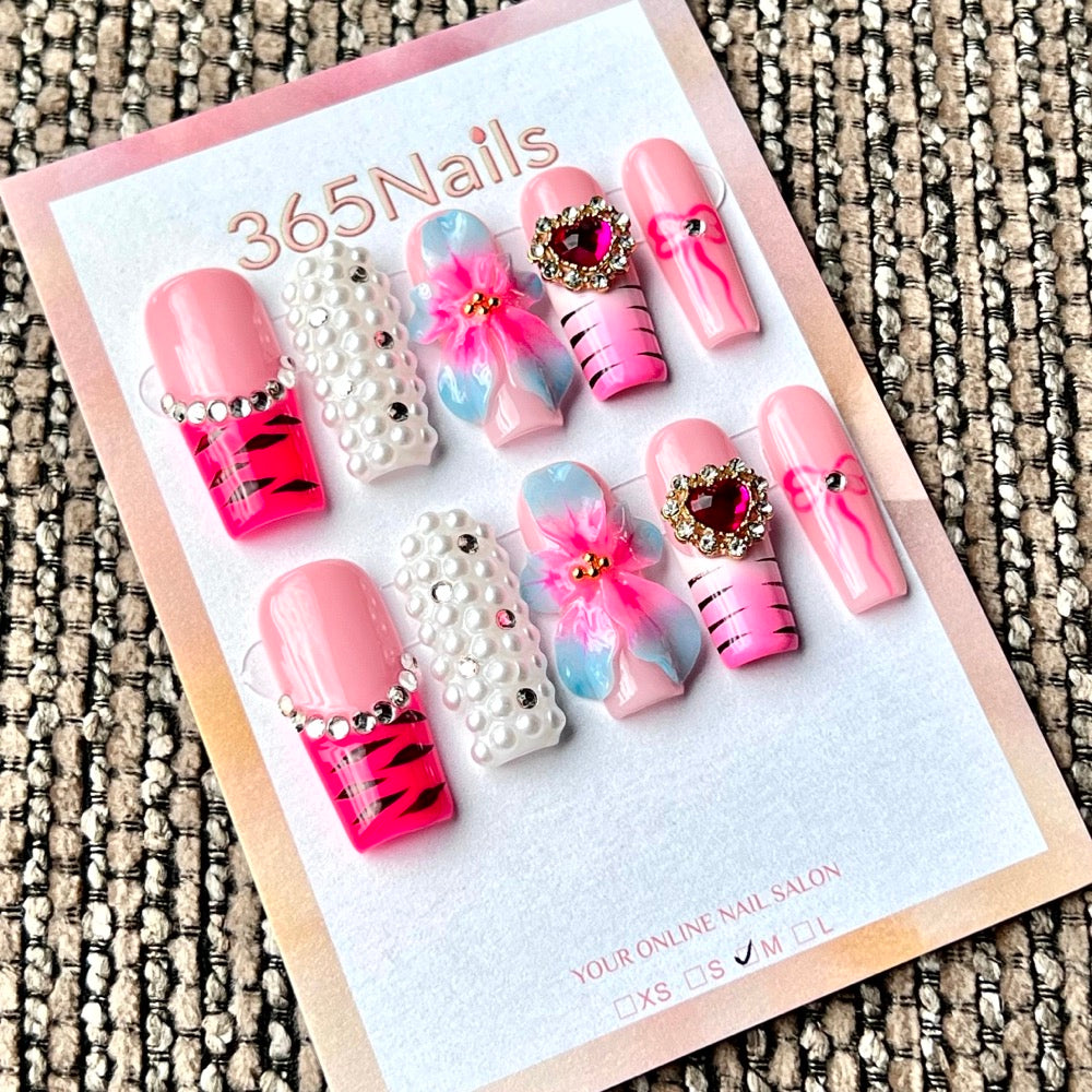 365nails: "핑크 오키드 & 펄" – 수제 미디엄 스퀘어형 프레스온 네일