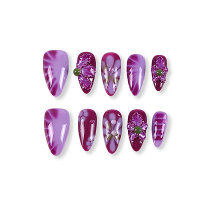 365Nails Grape Purple & Lavender Marble with 3D Blossoms and Dewy Drops Press-On Nails