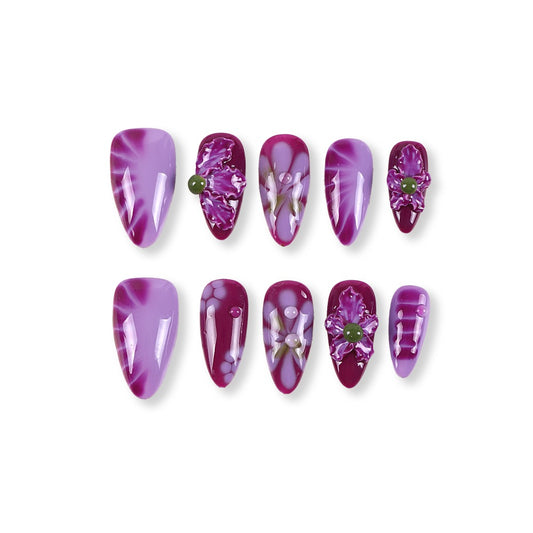 365Nails Grape Purple & Lavender Marble with 3D Blossoms and Dewy Drops Press-On Nails