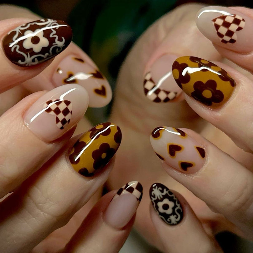 French Animal Print Glossy Brown Almond Short Press On Nails – Design 2