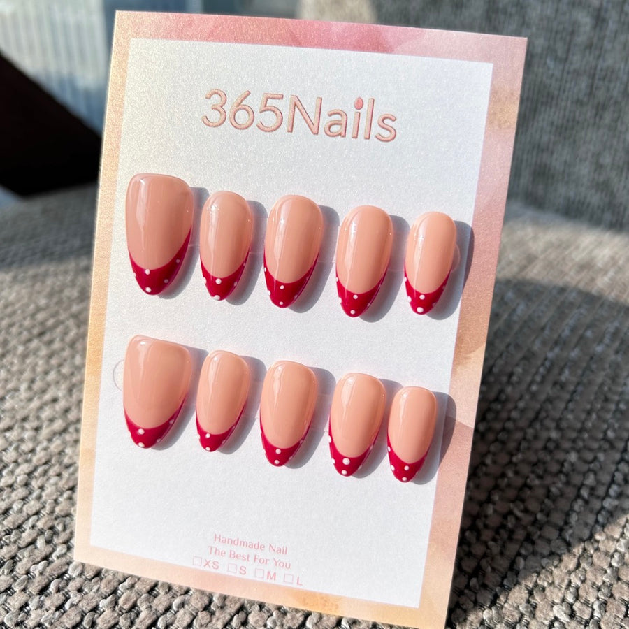 Handmade Nude Base Red Polka Dot French Tip Press-On Nails (Retro/Custom/Almond)