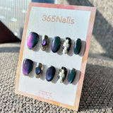 The Gilded Serpent: "Galaxy Python" – Aurora Purple-Blue Cat Eye & Silver Metallic Textured Handmade Press-On Nails