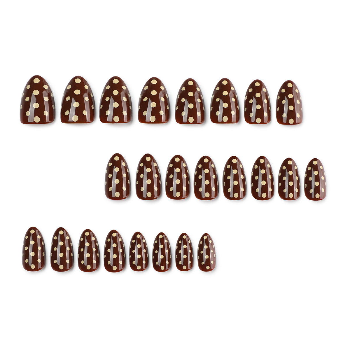 Set of 24 brown polka-dot press-on nails on white background