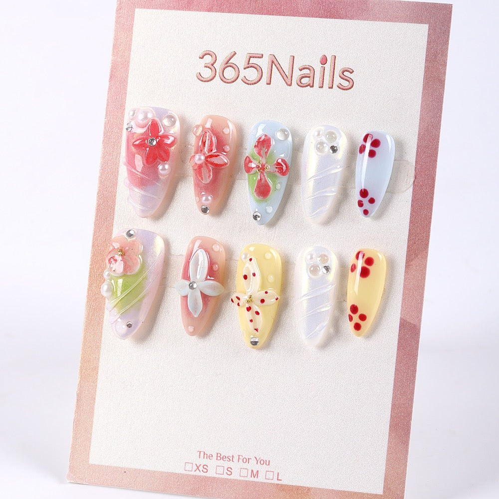 365Nails Macaron Gradient with 3D Flowers, Pearls, and Dotted Accents Press-On Nails
