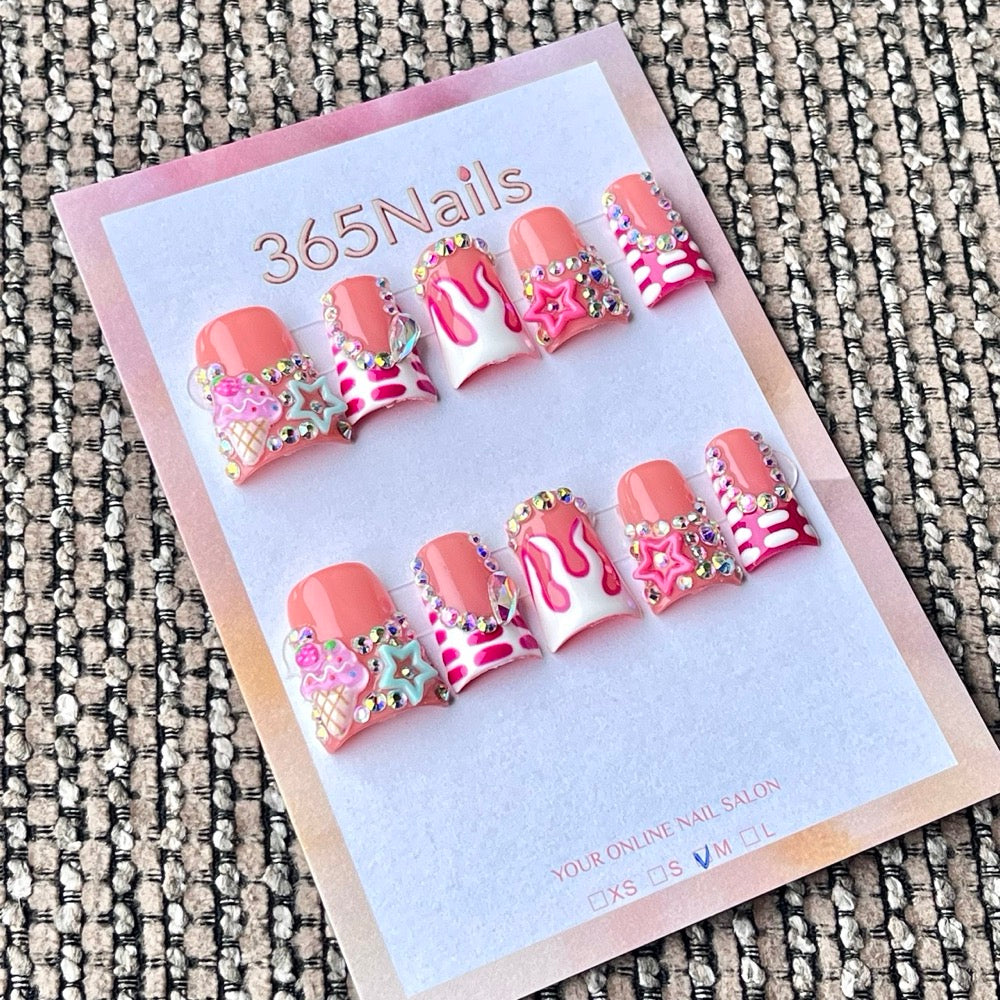 365nails: "Cute Y2K Ice Cream Star Flame Rhinestone" – Cartoon Handmade Medium Square Nails